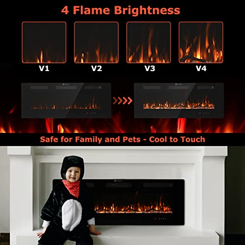 FODINGHILL 50" Insert Wall Mounted Electric Fireplace, Low-Noise Fireplace Heater Mantel Features a Touch Screen, Timer, Adjustable Flame Color, 700W / 1400W