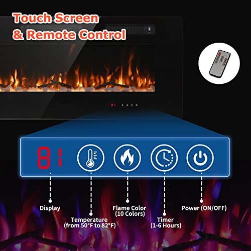 FODINGHILL 50" Insert Wall Mounted Electric Fireplace, Low-Noise Fireplace Heater Mantel Features a Touch Screen, Timer, Adjustable Flame Color, 700W / 1400W