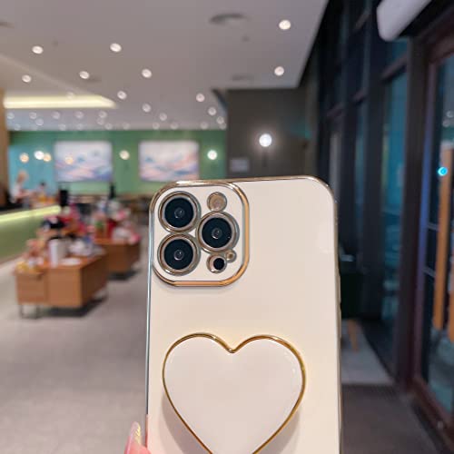 DEAVON Compatible with iPhone 13 Pro Max Case with Heart Love Easy Grip Stand Kickstand, Luxury Plating Gold Soft TPU Bumper Protective Case for Girls Womens-White