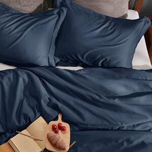 CozyLux 100% Organic Bamboo-Rayon Duvet Cover Queen Set Size Navy 3PCS 300TC Luxury Comforter Cover 90" x 90", Oeko-Tex Cooling Duvet Covers with Zipper Closure and Corner Ties,Navy