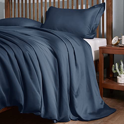 CozyLux 100% Organic Bamboo-Rayon Duvet Cover Queen Set Size Navy 3PCS 300TC Luxury Comforter Cover 90" x 90", Oeko-Tex Cooling Duvet Covers with Zipper Closure and Corner Ties,Navy