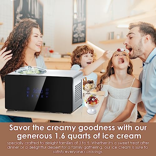 Homtone 1.6 Quart Ice Cream Maker Machine with Compressor, No Pre-freezing, 4 Modes, Adjusted Speed Frozen Yogurt Machine with LCD Display & Timer, Automatic Homemade Sorbet Maker Gelato Maker, Keep Cool for 2H-Make Soft & Hard Ice Cream in 60min