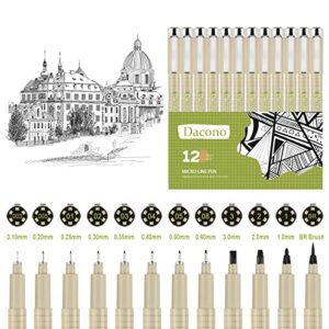 dacono drawing pens, set of 12 micro-pen fineliner ink pens, black precision multiliner pens for artist illustration, sketching, calligraphy,technical drawing, manga, anime, scrapbooking
