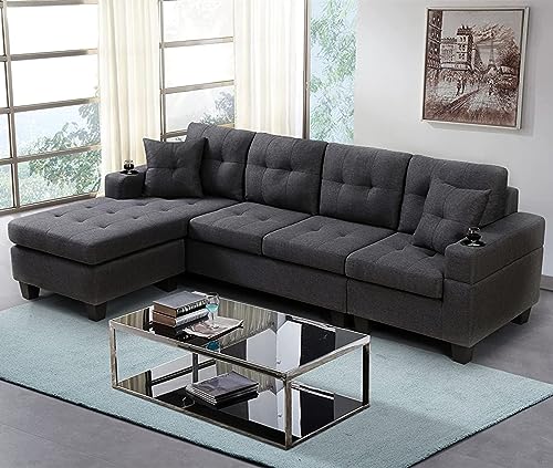 Morhome Convertible Sectional 97.2" L-Shape Sofa 4-Seat Couch with one Lumbar Pad Fabric Upholstered for Living Room, Apartment, Office, Creamy-Beige