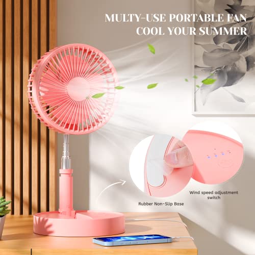 Foldable Table Floor Standing Fan, 7.8" Portable Standing Fan, 7200mAh USB Rechargeable Foldaway Desk Fan Portable Telescopic Pedestal Fan with Height Adjustable 4 Speeds, for Home Office Outdoors