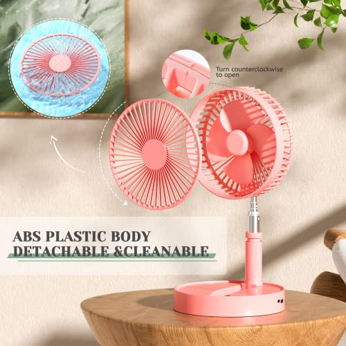 Foldable Table Floor Standing Fan, 7.8" Portable Standing Fan, 7200mAh USB Rechargeable Foldaway Desk Fan Portable Telescopic Pedestal Fan with Height Adjustable 4 Speeds, for Home Office Outdoors