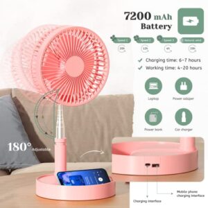 Foldable Table Floor Standing Fan, 7.8" Portable Standing Fan, 7200mAh USB Rechargeable Foldaway Desk Fan Portable Telescopic Pedestal Fan with Height Adjustable 4 Speeds, for Home Office Outdoors