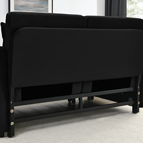 HomSof Modern Convertible Detachable Arm Pockets Velvet Loveseat Sofa with Pull Out Bed, 2 Pillows and Living Room Adjustable Backrest, Grid Design Armrests, Style D, Black