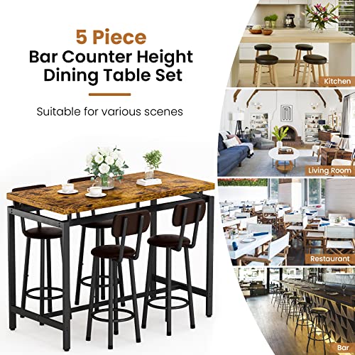 Recaceik Dining Table Set for 4 Bar Kitchen Table and Chairs for 4, Counter Height Dinner Table with 4 PU Leather Upholstered Backrest Stool, Dining Room Breakfast Table Set for Apartment