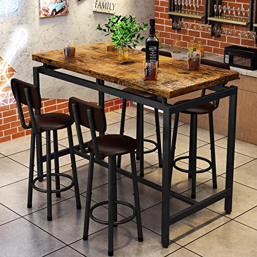 Recaceik Dining Table Set for 4 Bar Kitchen Table and Chairs for 4, Counter Height Dinner Table with 4 PU Leather Upholstered Backrest Stool, Dining Room Breakfast Table Set for Apartment