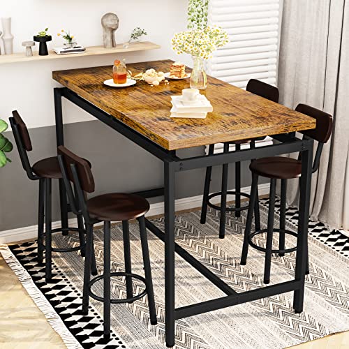 Recaceik Dining Table Set for 4 Bar Kitchen Table and Chairs for 4, Counter Height Dinner Table with 4 PU Leather Upholstered Backrest Stool, Dining Room Breakfast Table Set for Apartment