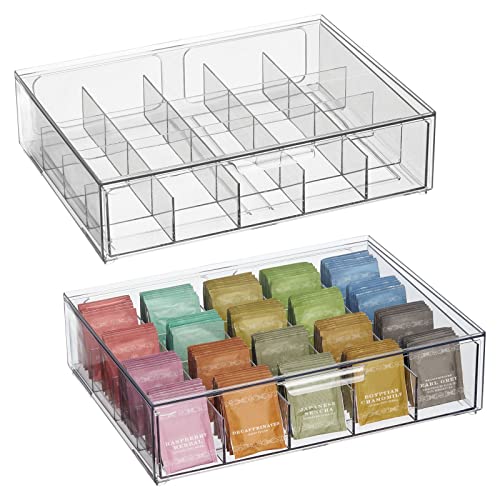 mDesign Divided Plastic Tea Organizer Bin with Drawer - Stackable Tea Bag Holder for Kitchen, Pantry, and Cabinet - Caddy with Small Dividers - 20 Sections - Lumiere Collection - 2 Pack - Clear