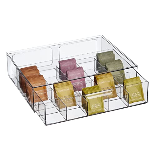 mDesign Divided Plastic Tea Organizer Bin with Drawer - Stackable Tea Bag Holder for Kitchen, Pantry, and Cabinet - Caddy with Small Dividers - 20 Sections - Lumiere Collection - 2 Pack - Clear