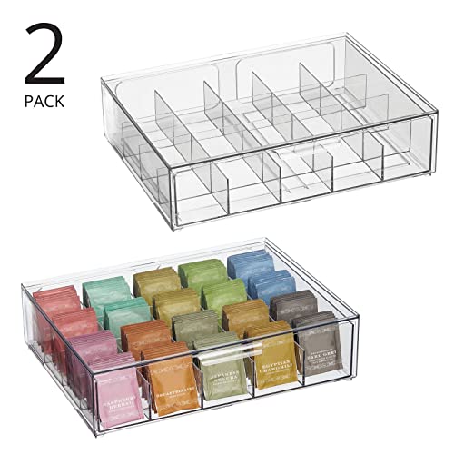 mDesign Divided Plastic Tea Organizer Bin with Drawer - Stackable Tea Bag Holder for Kitchen, Pantry, and Cabinet - Caddy with Small Dividers - 20 Sections - Lumiere Collection - 2 Pack - Clear