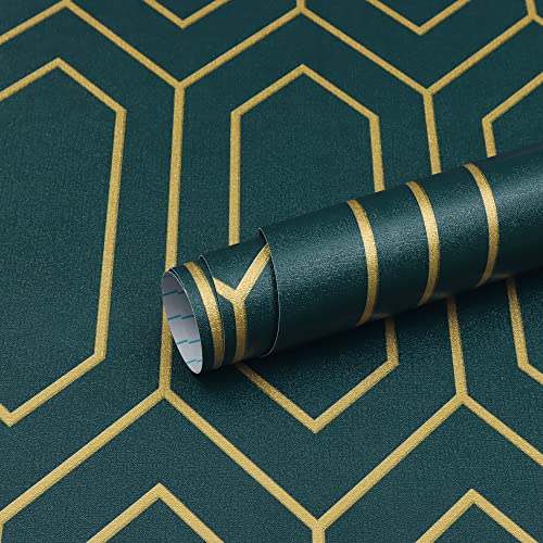 Safiyya Peel and Stick Wallpaper Gold and Dark Teal Green Wallpaper Geometric Contact Paper Textured Wallpaper Self Adhesive Removable Wallpaper for Walls Vinyl Roll 118"x17.3"