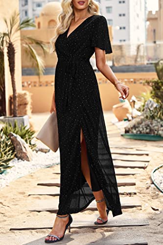 PRETTYGARDEN Women's Summer Maxi Glitter Dress Wrap V Neck Ruffle Sleeve Cocktail Party Long Dresses with Slit (Black,Small)