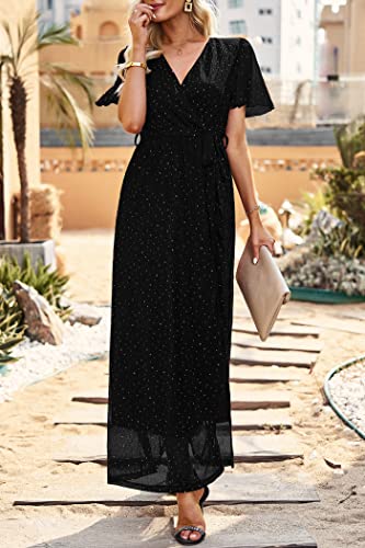 PRETTYGARDEN Women's Summer Maxi Glitter Dress Wrap V Neck Ruffle Sleeve Cocktail Party Long Dresses with Slit (Black,Small)