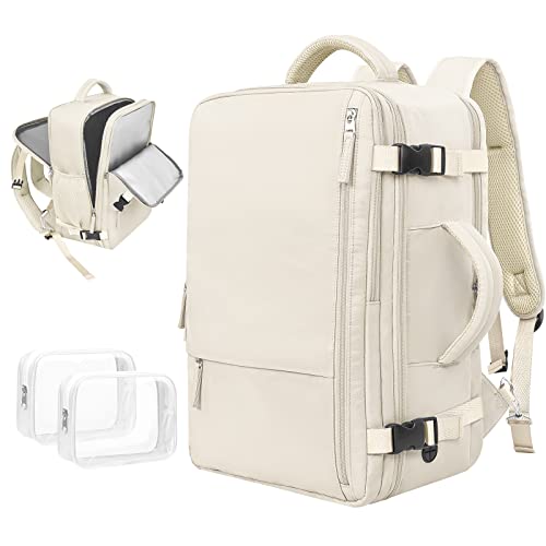 Rinlist Travel Backpack for Men Women, Airline Approved Carry-on Backpack, Anti Theft Personal Item Backpack, Waterproof Casual Daypack for College Weekender Business Hiking Gym Sports, Beige