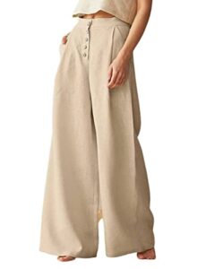 chouyatou women's summer high waisted cotton linen palazzo wide leg casual pants with pockets (large, khaki)