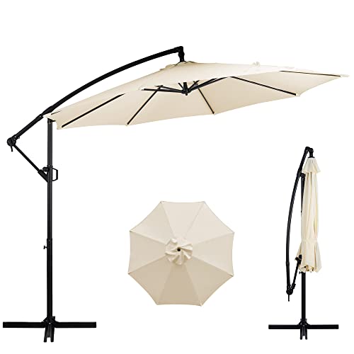 Shintenchi Patio Offset Umbrella w/Easy Tilt Adjustment,Crank and Cross Base, Outdoor Cantilever Hanging Umbrella with 8 Ribs, 95% UV protection and Waterproof Canopy, Cream White