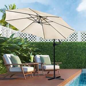 Shintenchi Patio Offset Umbrella w/Easy Tilt Adjustment,Crank and Cross Base, Outdoor Cantilever Hanging Umbrella with 8 Ribs, 95% UV protection and Waterproof Canopy, Cream White