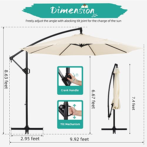 Shintenchi Patio Offset Umbrella w/Easy Tilt Adjustment,Crank and Cross Base, Outdoor Cantilever Hanging Umbrella with 8 Ribs, 95% UV protection and Waterproof Canopy, Cream White