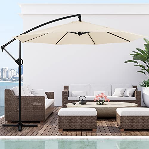 Shintenchi Patio Offset Umbrella w/Easy Tilt Adjustment,Crank and Cross Base, Outdoor Cantilever Hanging Umbrella with 8 Ribs, 95% UV protection and Waterproof Canopy, Cream White