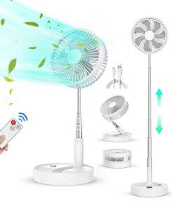 portable foldable fan for travel - 7200mah rechargeable battery folding standing table fan with 4 speeds - 7.8'' super quiet collapsible pedestal fan with remote for home bedroom office, white