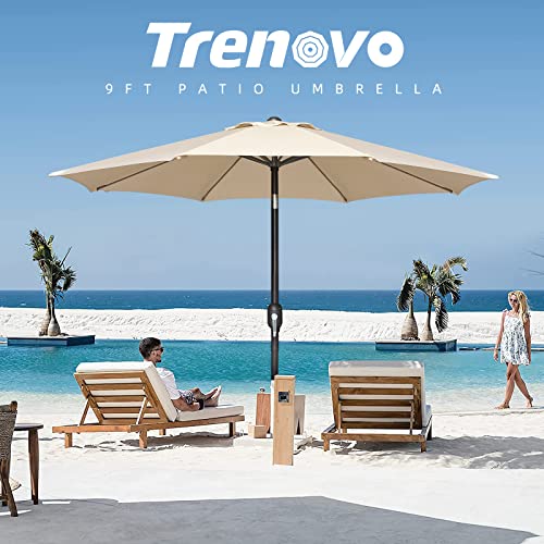 Trenovo 9 FT Outdoor Patio Umbrella -2023 Pro-Series Ultra Durable Table Umbrella with Push Button Tilt and Crank, Updated UV Protection Tech & 8 Reinforced Ribs, Waterproof Market Umbrella for Garden, Lawn, Deck, Backyard, Pool (Tan)