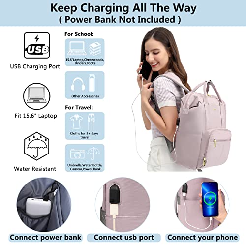 Focdod Laptop Backpack Women Work Bag - 15.6 inch with Laptop Compartment Waterproof Professional Travel Backpack Purse with USB Charger for College Teacher Nurse Business Women Purple