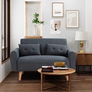 shintenchi 47" small modern loveseat couch sofa, fabric upholstered 2-seat sofa, love seat furniture with 2 pillows, wood leg for small space, living room, bedroom, apartment, dark grey