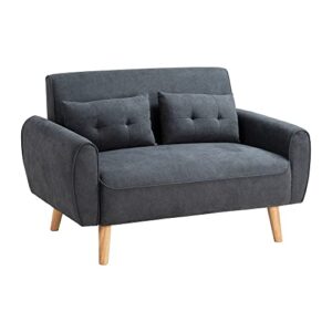 Shintenchi 47" Small Modern Loveseat Couch Sofa, Fabric Upholstered 2-Seat Sofa, Love Seat Furniture with 2 Pillows, Wood Leg for Small Space, Living Room, Bedroom, Apartment, Dark Grey
