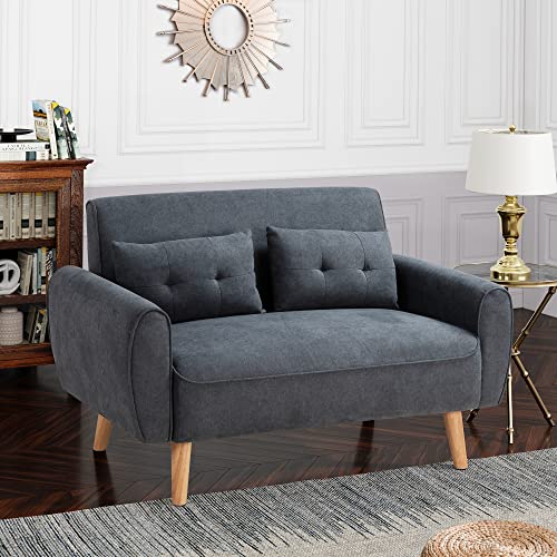 Shintenchi 47" Small Modern Loveseat Couch Sofa, Fabric Upholstered 2-Seat Sofa, Love Seat Furniture with 2 Pillows, Wood Leg for Small Space, Living Room, Bedroom, Apartment, Dark Grey