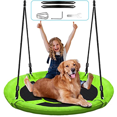 Hisecome 40 Inch Saucer Tree Swing Set for Kids & Adults, Adjustable Swing Sets for Backyard or Outdoor Playground 900D Oxford Fabric,Heavy Duty Round Swing Green & Black