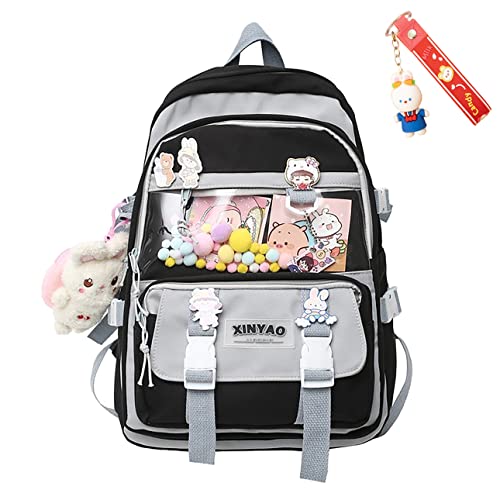 vfdgsaz Cute Kawaii Backpack with cute card plush pendant,Lovely Pastel Rucksack,Aesthetic backpack for girls and teens (black,one size)