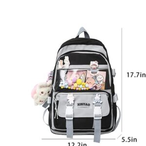 vfdgsaz Cute Kawaii Backpack with cute card plush pendant,Lovely Pastel Rucksack,Aesthetic backpack for girls and teens (black,one size)