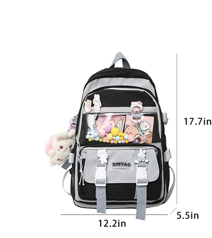 vfdgsaz Cute Kawaii Backpack with cute card plush pendant,Lovely Pastel Rucksack,Aesthetic backpack for girls and teens (black,one size)