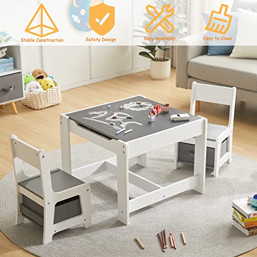 Kids Table and Chair Set, 3 in 1 Wooden Activity Table with Storage Drawer for Toddlers Drawing, Reading, Crafts, Play, 2 in 1 Detachable Tabletop Table and Chair Set for Home, Nursery, Playroom