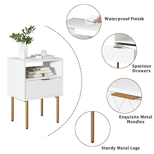 Aobafuir Nightstand, Drawer Dresser for Bedroom, Small Side Table with Drawer, Bedside Furniture, Night Stand, End Table with Gold Frame for Bedroom,Living Room,White