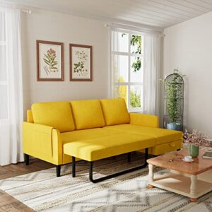olela pull out sleeper sofa couch,velvet convertible sofa bed l shape sectional sofa with storage chaise and pocket for living room (mustard)