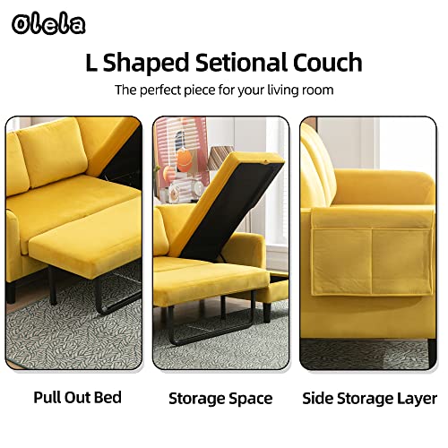 Olela Pull Out Sleeper Sofa Couch,Velvet Convertible Sofa Bed L Shape Sectional Sofa with Storage Chaise and Pocket for Living Room (Mustard)