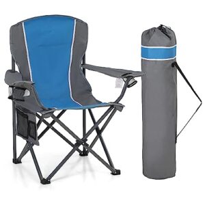 high point sports portable camping chair, heavy duty outdoor folding chair with armrest, foldable camp chair with cup holder for camping, support 350 lbs, blue-gray