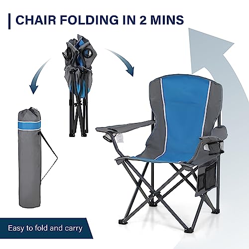 HIGH POINT SPORTS Portable Camping Chair, Heavy Duty Outdoor Folding Chair with Armrest, Foldable Camp Chair with Cup Holder for Camping, Support 350 LBS, Blue-Gray