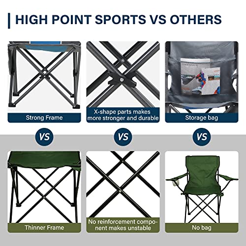 HIGH POINT SPORTS Portable Camping Chair, Heavy Duty Outdoor Folding Chair with Armrest, Foldable Camp Chair with Cup Holder for Camping, Support 350 LBS, Blue-Gray