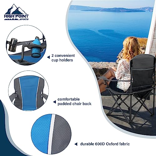 HIGH POINT SPORTS Portable Camping Chair, Heavy Duty Outdoor Folding Chair with Armrest, Foldable Camp Chair with Cup Holder for Camping, Support 350 LBS, Blue-Gray