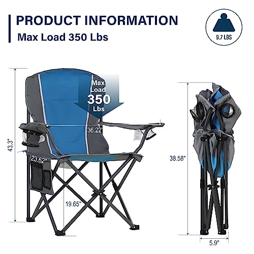 HIGH POINT SPORTS Portable Camping Chair, Heavy Duty Outdoor Folding Chair with Armrest, Foldable Camp Chair with Cup Holder for Camping, Support 350 LBS, Blue-Gray