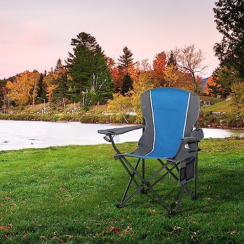 HIGH POINT SPORTS Portable Camping Chair, Heavy Duty Outdoor Folding Chair with Armrest, Foldable Camp Chair with Cup Holder for Camping, Support 350 LBS, Blue-Gray