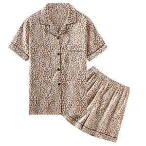 umeyda women's short sleeve sleepwear button down silk satin 2 piece pajama set, leopard white, small