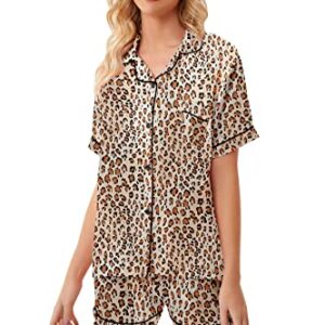 Umeyda Women's Short Sleeve Sleepwear Button Down Silk Satin 2 Piece Pajama Set, Leopard White, Small