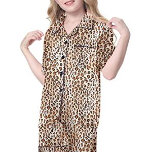 Umeyda Women's Short Sleeve Sleepwear Button Down Silk Satin 2 Piece Pajama Set, Leopard White, Small